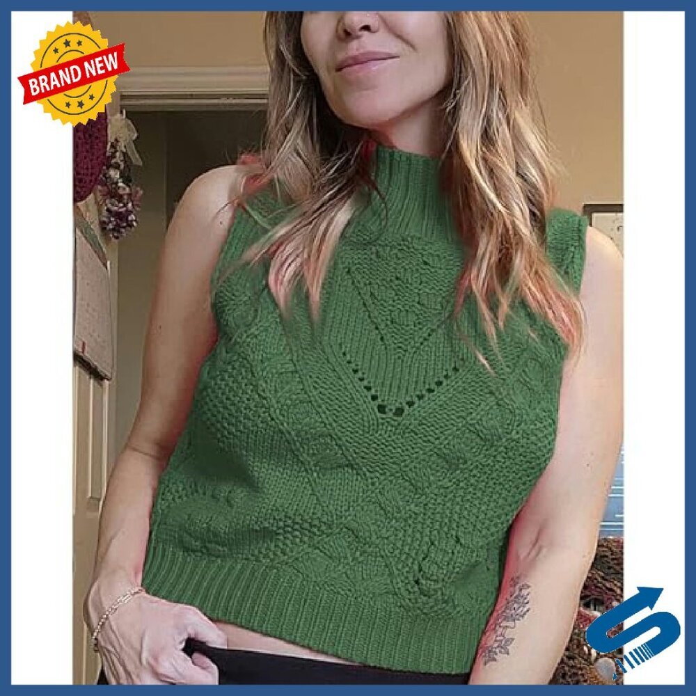 Cotton Crochet Turtleneck Sweater Vest Women's Sleeveless Pullover Fall - Picture 6 of 8